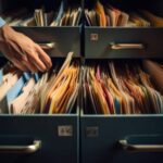 Paper files organized in folders and stored in a document storage unit.