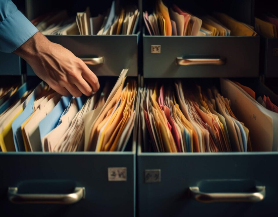 Paper files organized in folders and stored in a document storage unit.