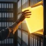 Woman retrieving a glowing yellow folder from organised document storage shelves representing secure legal record management in South Africa