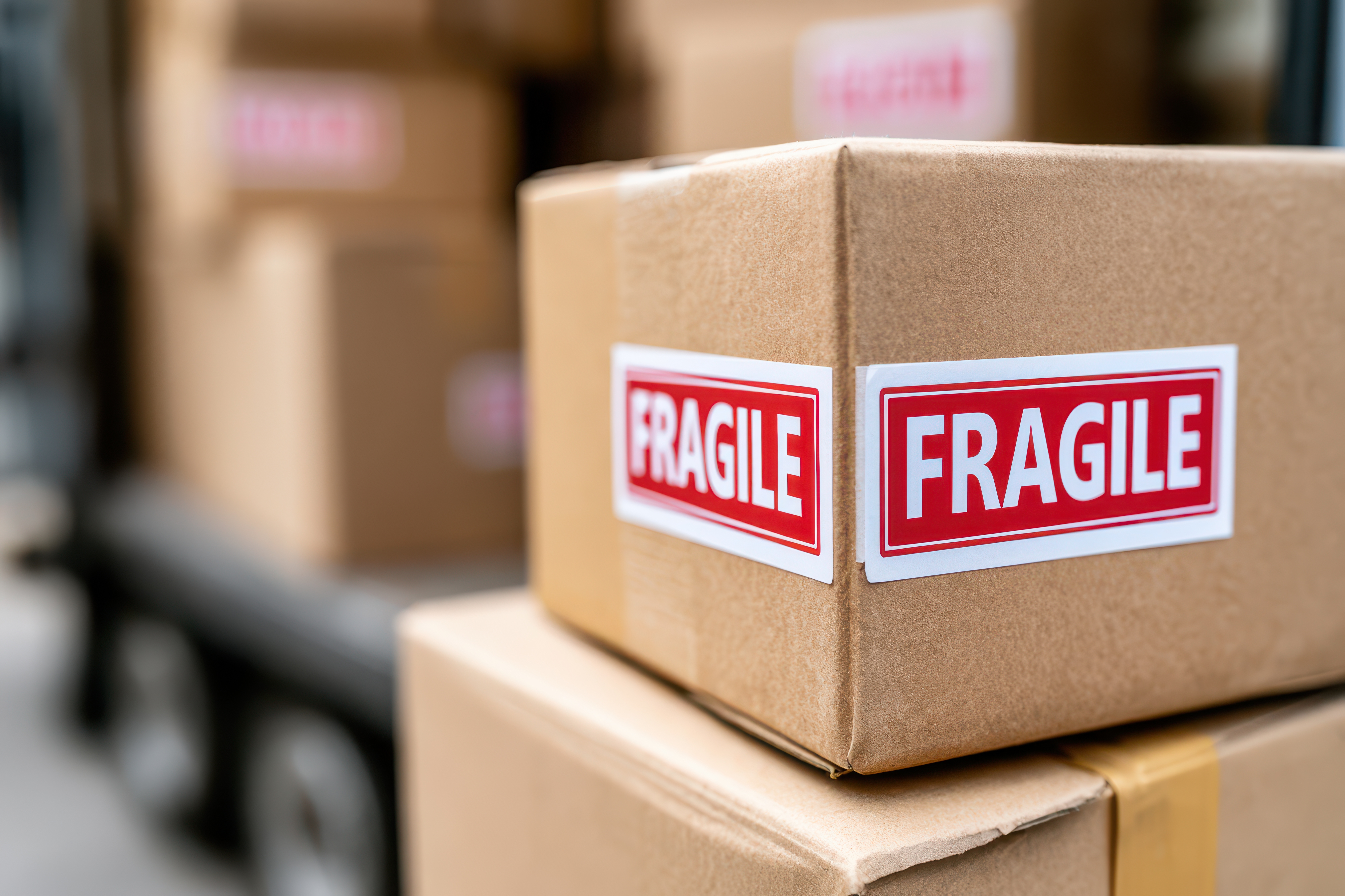 Close-up of cardboard shipping boxes loaded in a vehicle, with prominent red and white ‘FRAGILE’ labels on the box in the foreground.