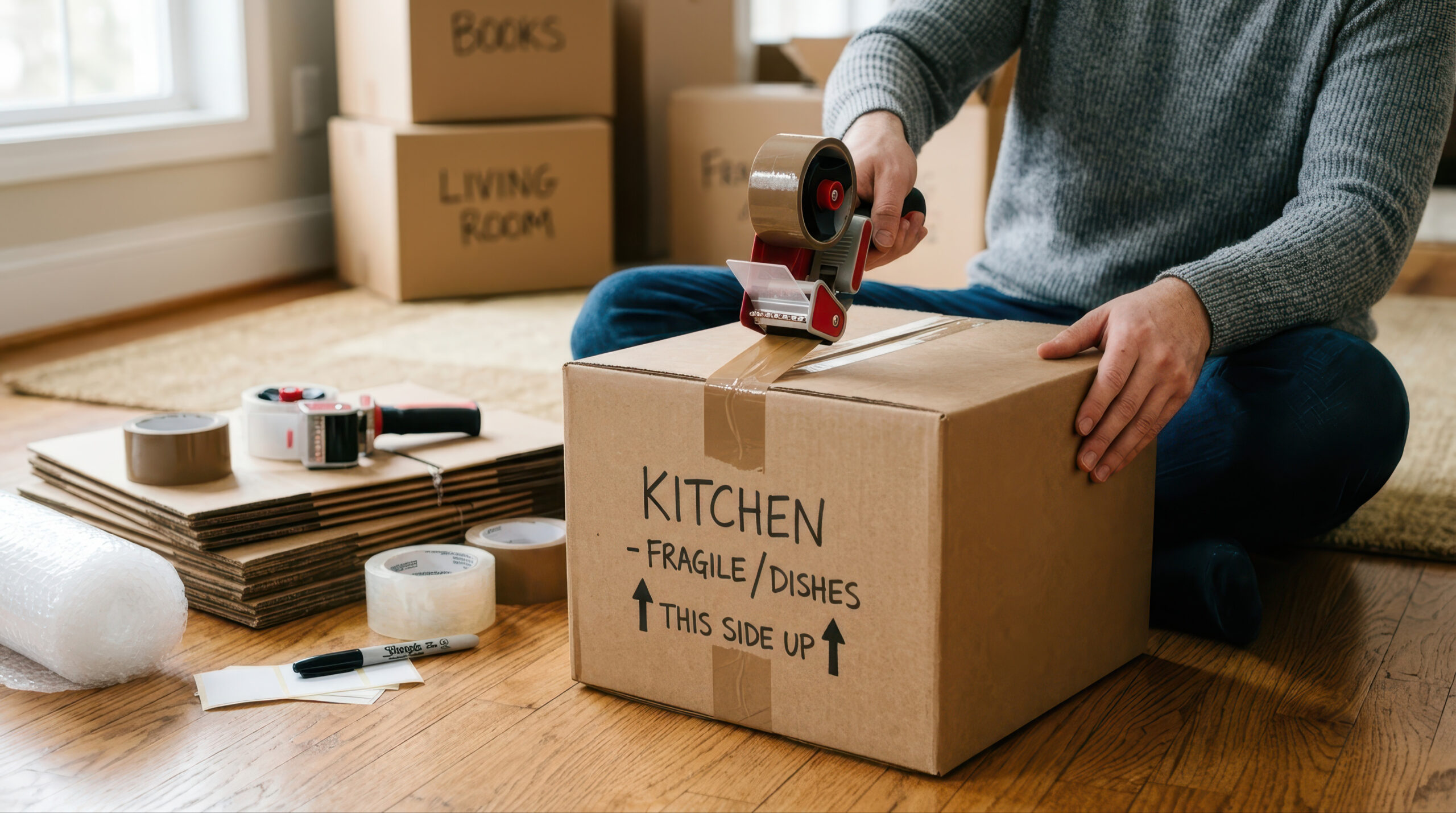 Person sitting on a wooden floor sealing a cardboard box labeled ‘Kitchen – Fragile / Dishes – This Side Up’ with packing tape, surrounded by moving supplies like bubble wrap, tape rolls, and stacked boxes.