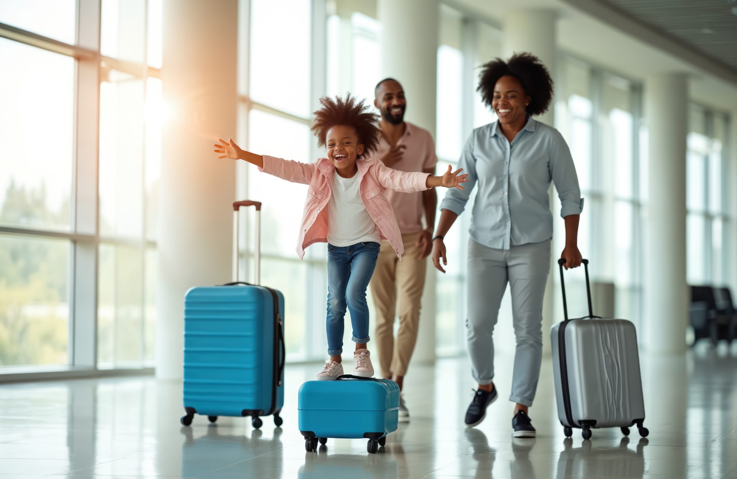 Smiling family walking through a bright airport terminal while a child with outstretched arms rides playfully on a blue wheeled suitcase, with parents pulling luggage behind.